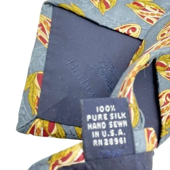 Vintage 80s Burberrys of London Silk Necktie Slate Gold Maroon Print Burberry